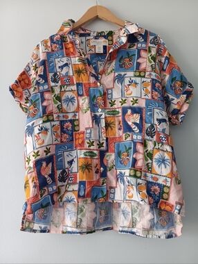 C&C California Multicolor Linen Tropical Patchwork Button Up Boxy High Low Shirt